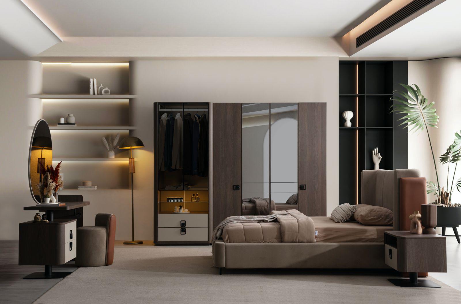 Elegant wooden bedroom set in brown with stylish design.