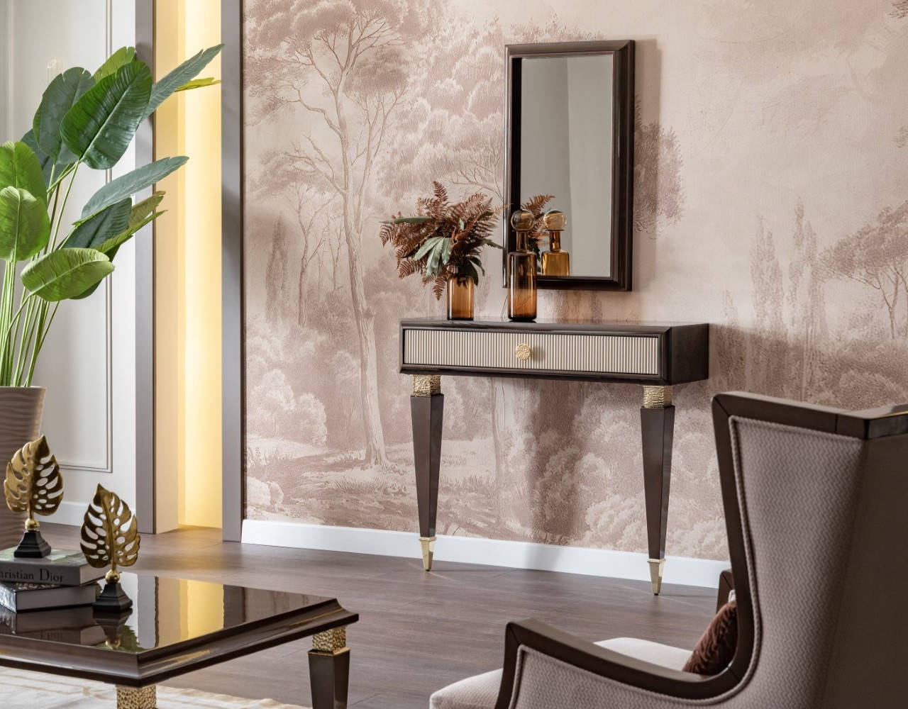Living room set with console table and mirror – stylish & functional.
