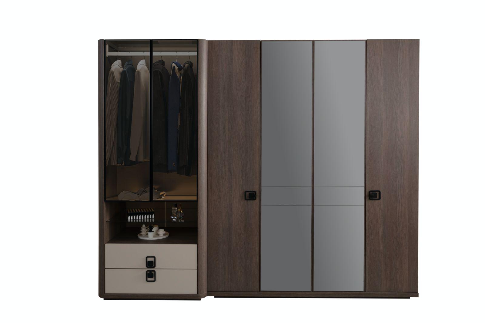Wooden wardrobe in brown, modern and elegant storage space.