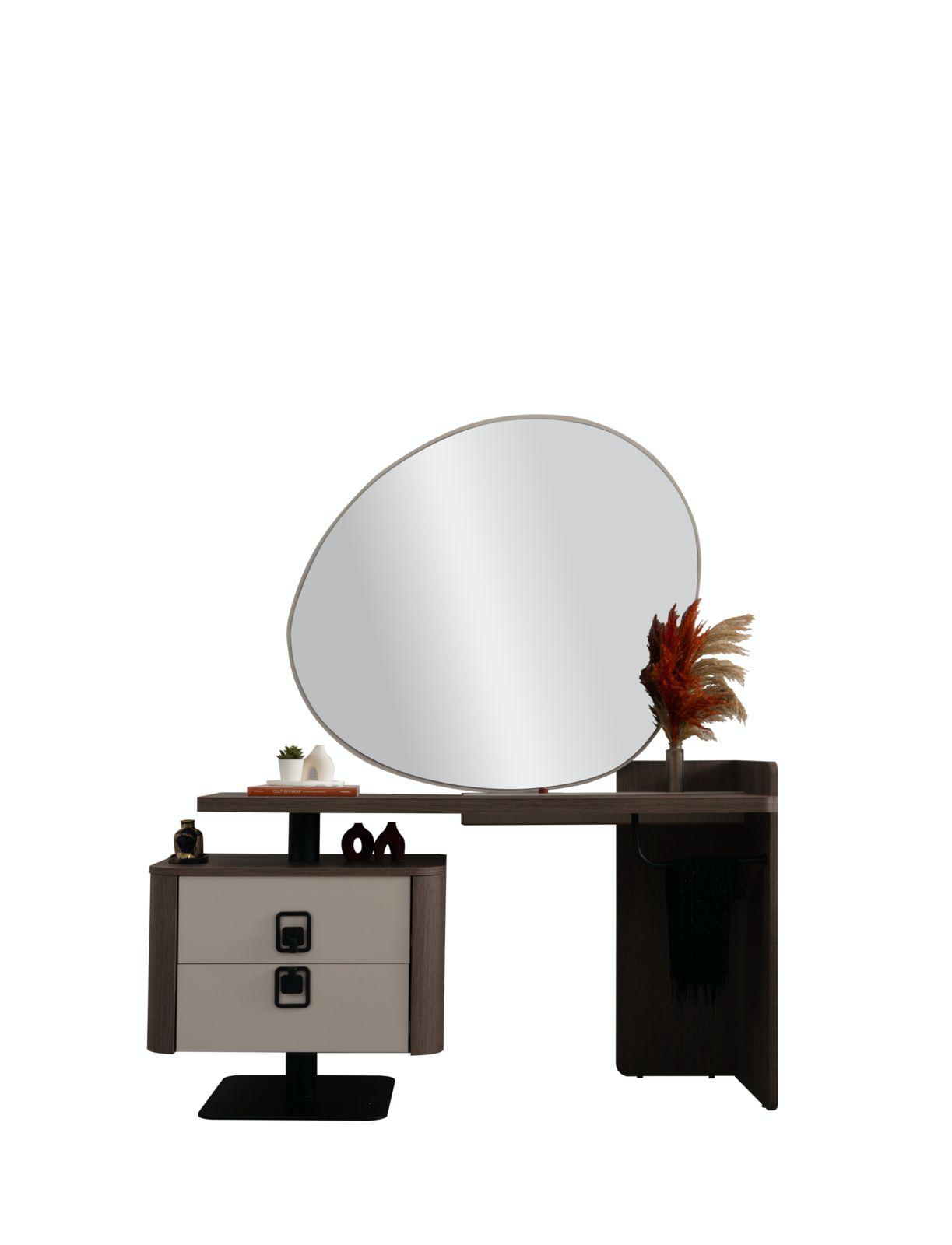 Elegant brown wooden vanity with a large mirror.