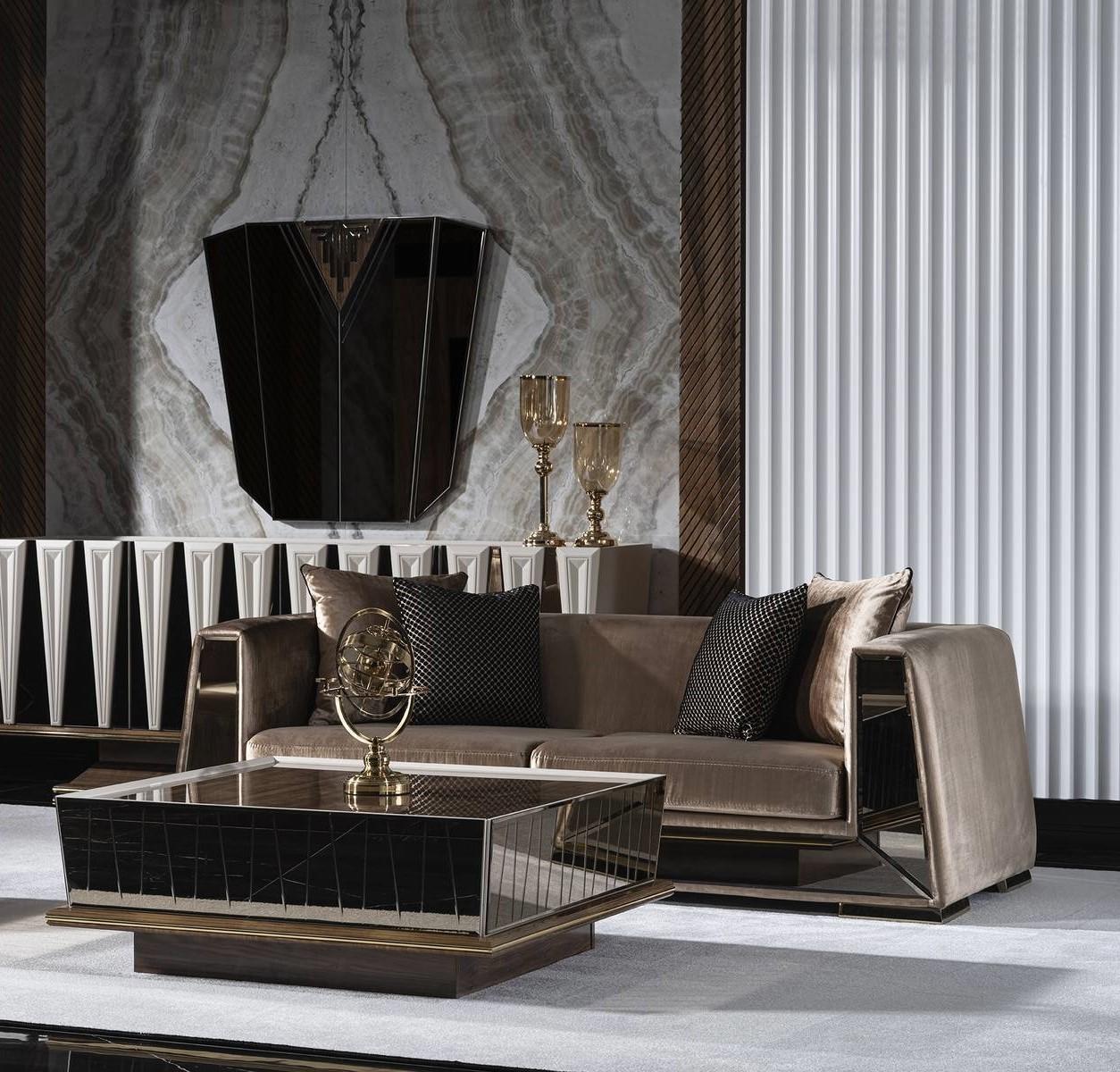 Elegant brown 3-seater sofa made of fabric with a wooden frame.