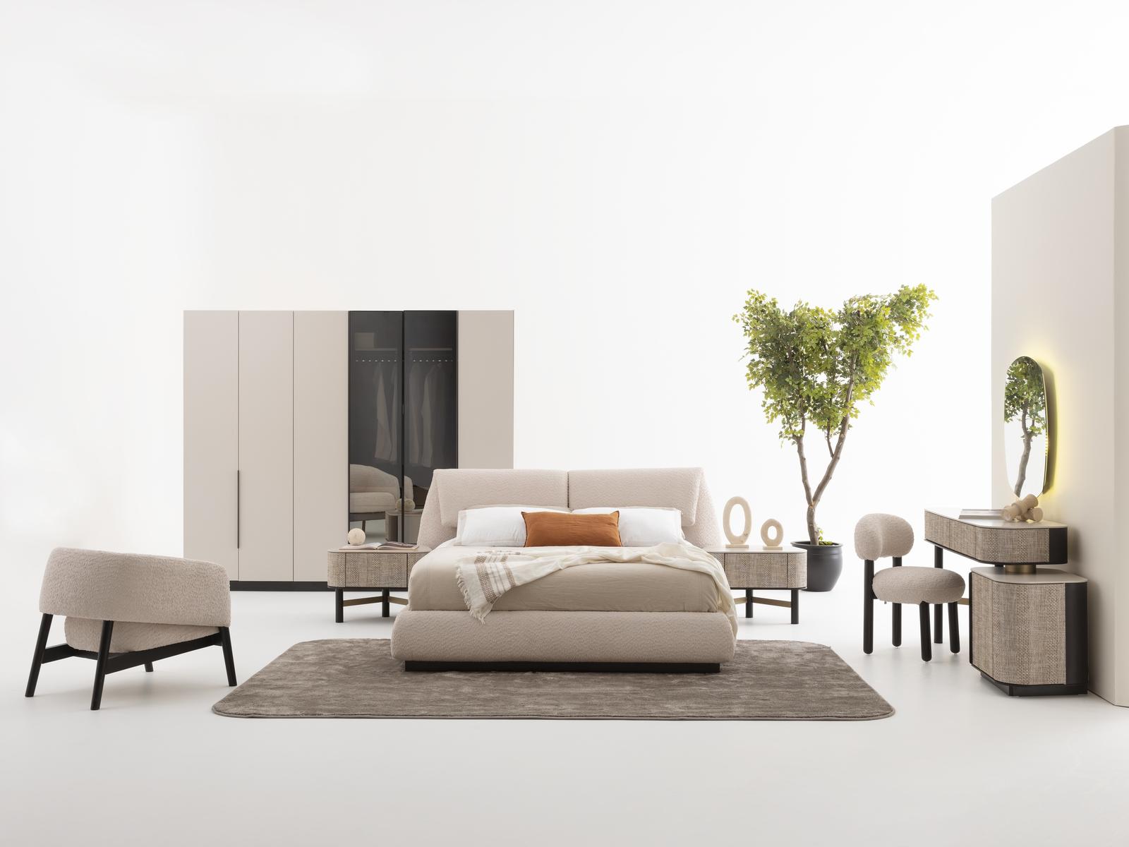 Bedroom set in beige made of wood, textile, and glass, modern.