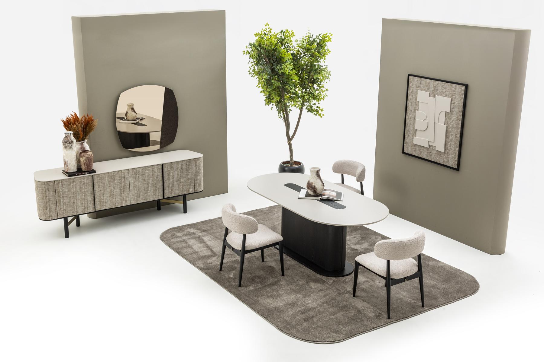 Elegant dining room set made of wood in beige with table and chairs.