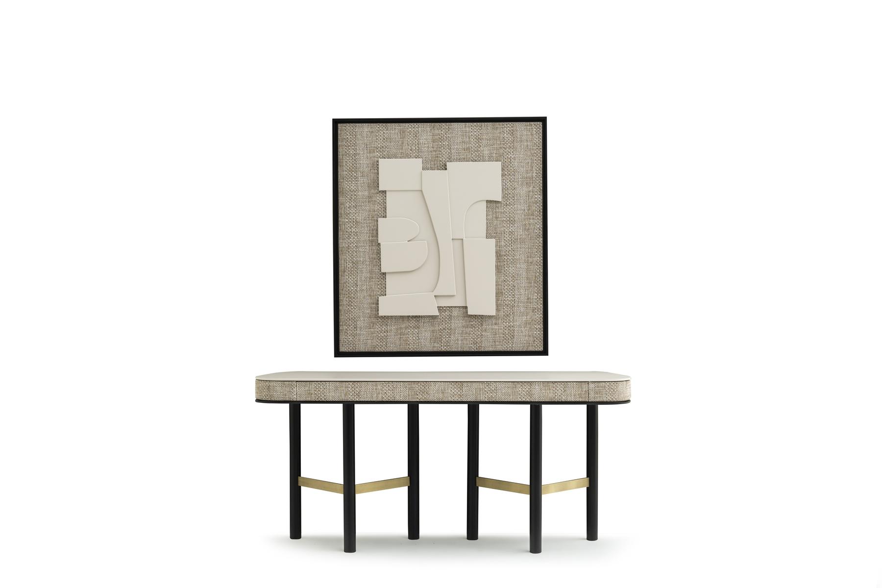 Elegant beige wooden console table with a modern design.