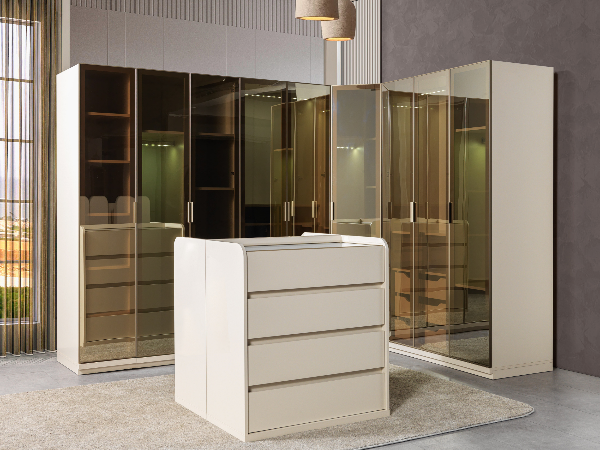 Walk-in closet corner cabinet modules with island modern bedroom