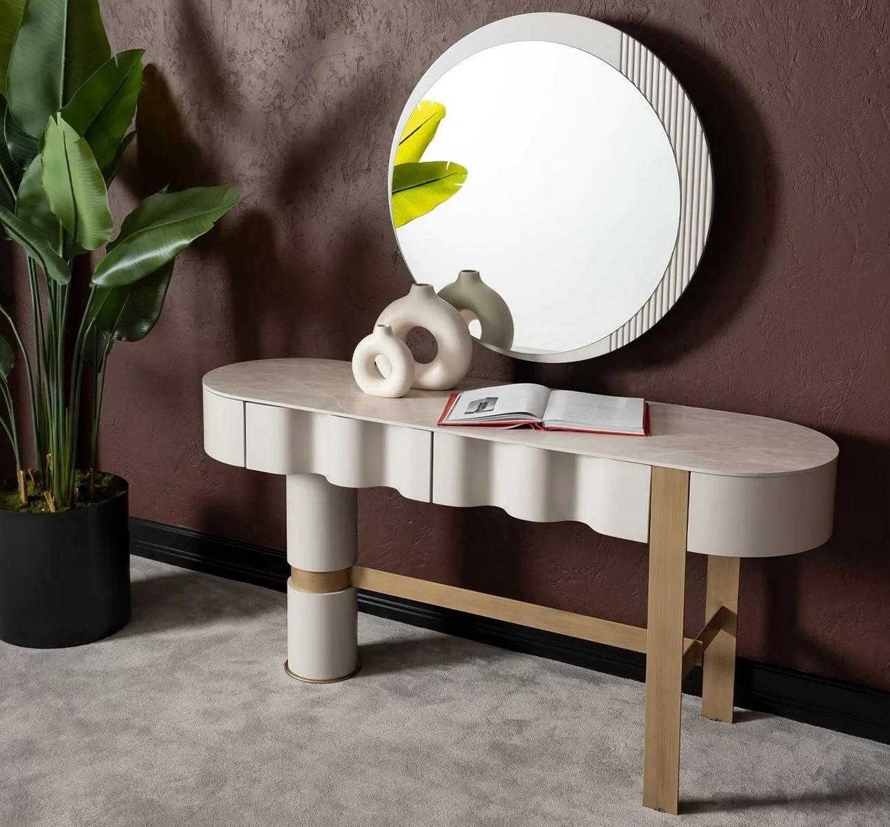 Elegant beige makeup table with mirror made of wood.