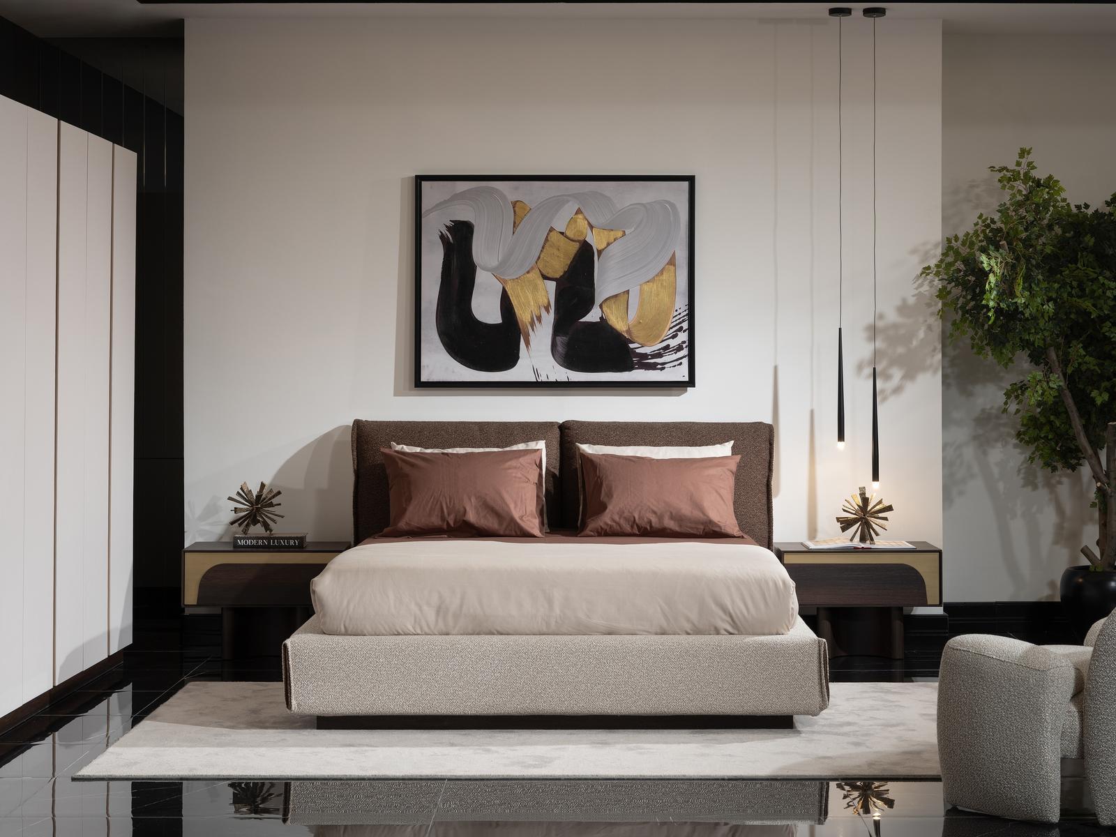 Elegant bedroom set in brown wood and textile with bed and nightstands.