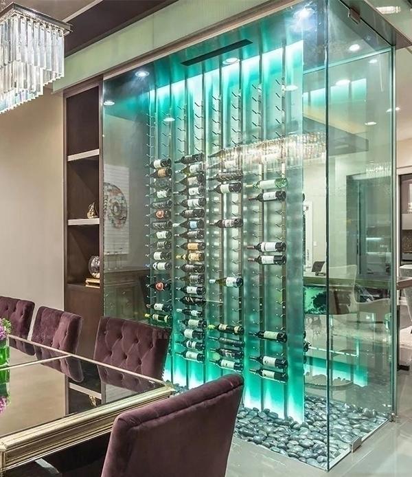 Modern wine cabinet made of stainless steel and glass in silver or black