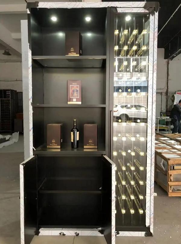 Elegant wine cabinet made of stainless steel in black with modern design
