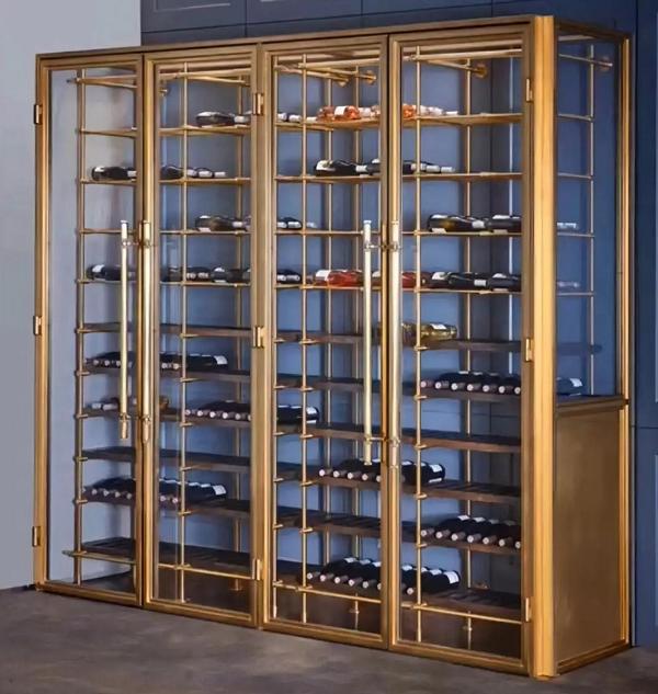 Elegant wine rack made of gold-colored metal for stylish wine storage