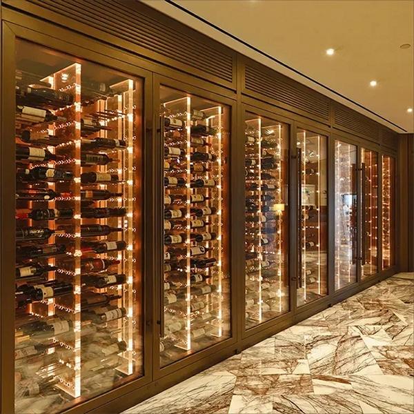 Elegant wine cabinet made of stainless steel in gold with dual zone cooling
