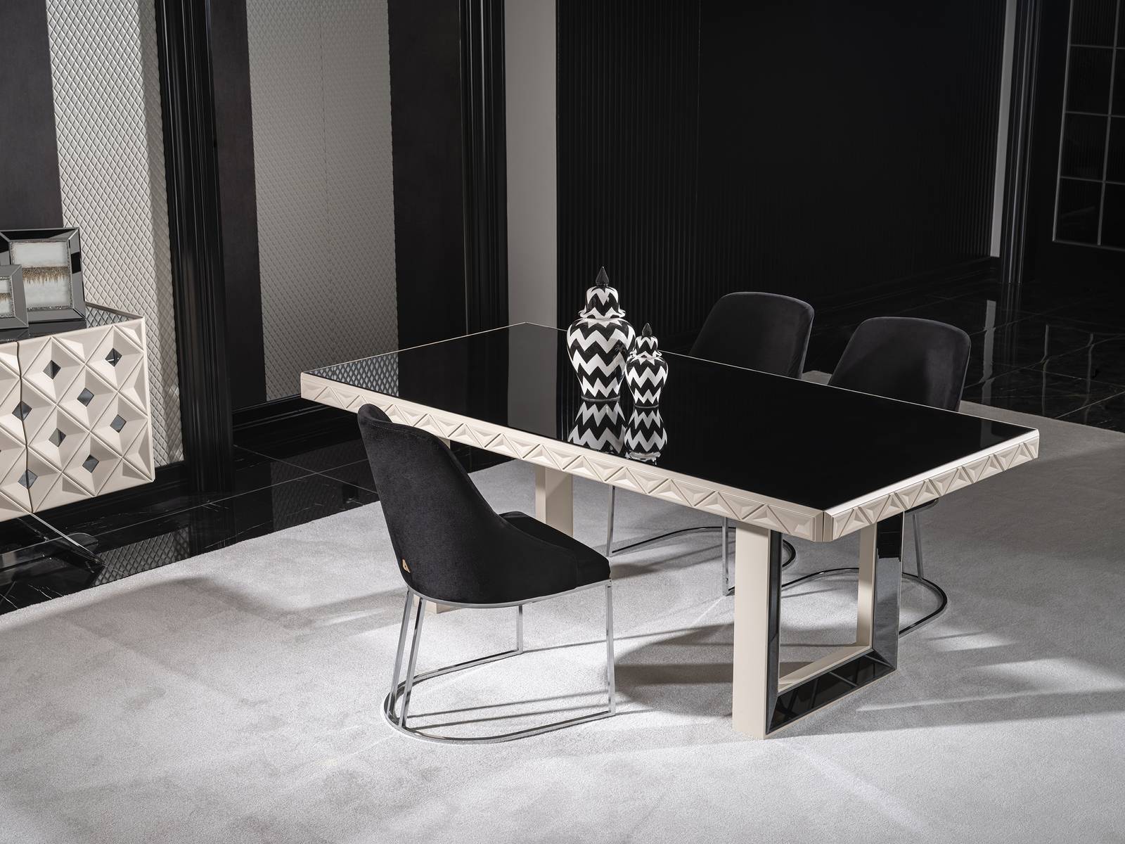 Elegant white dining table and chair set made of wood and metal.