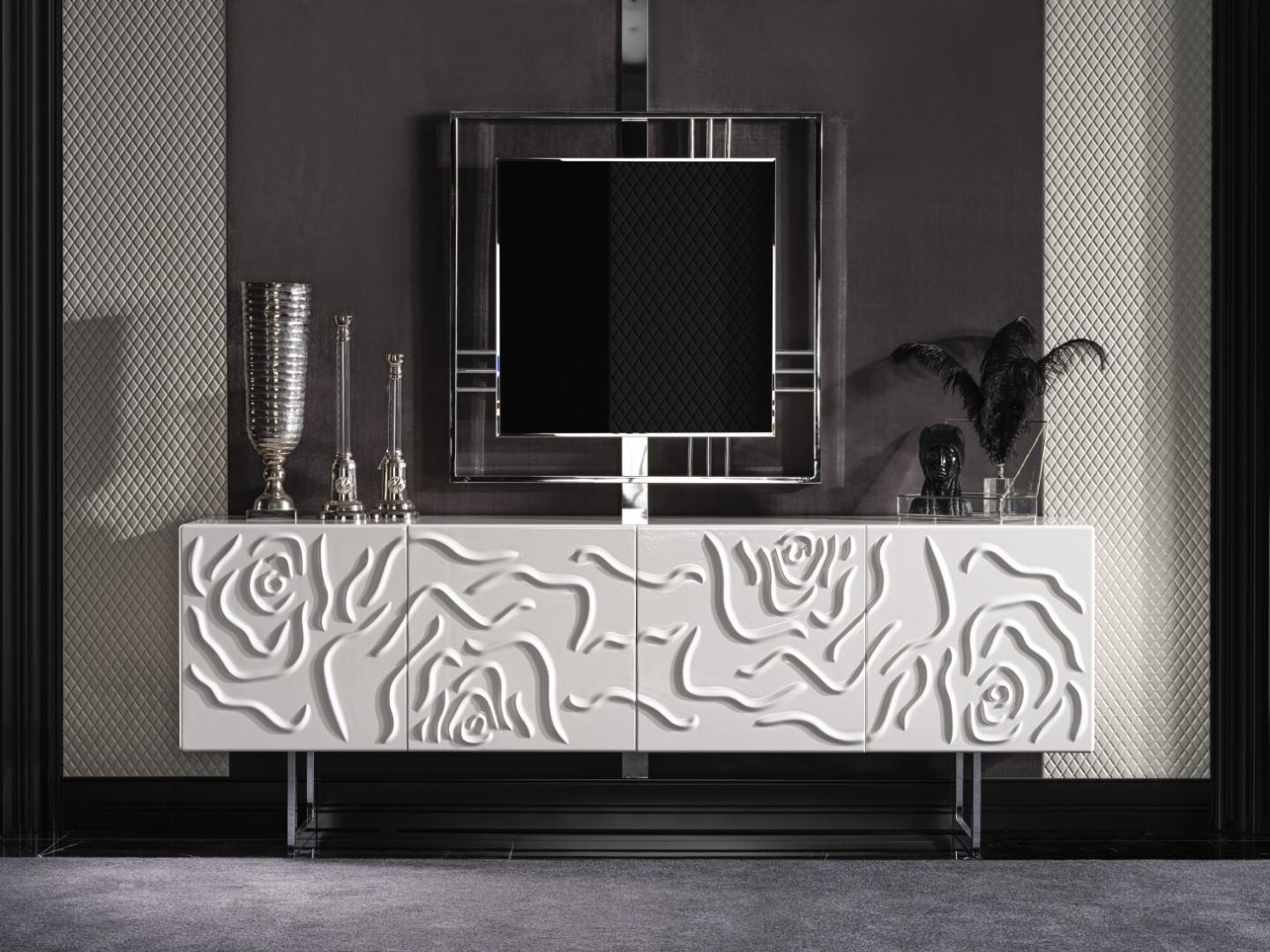 Elegant white dining room set with sideboard and mirror made of wood.