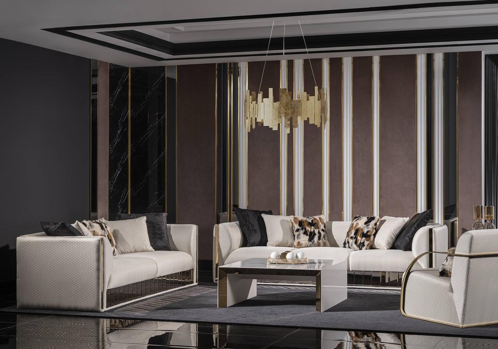 Modern white living room set made of wood and textile.