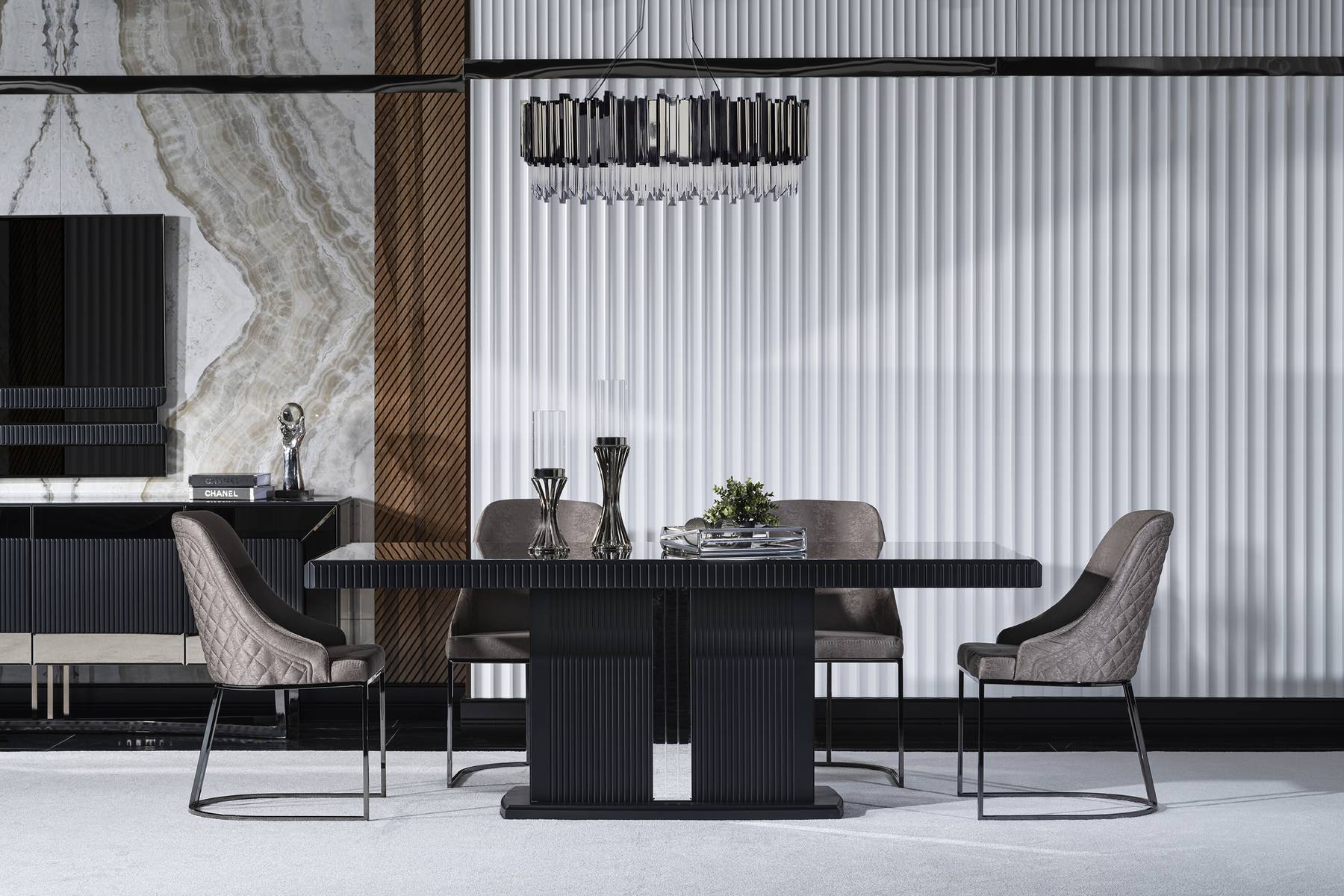 Elegant gray wooden dining table in a modern style.