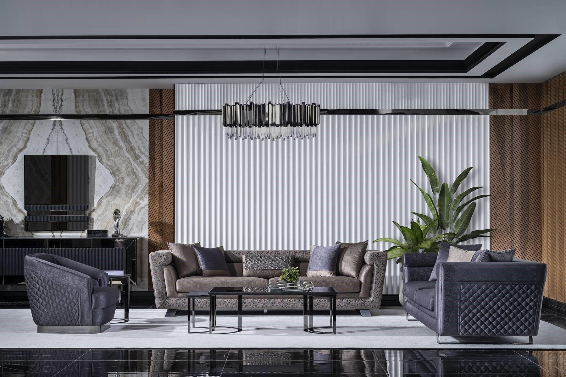Gray living room set made of wood and textile, modern and stylish.