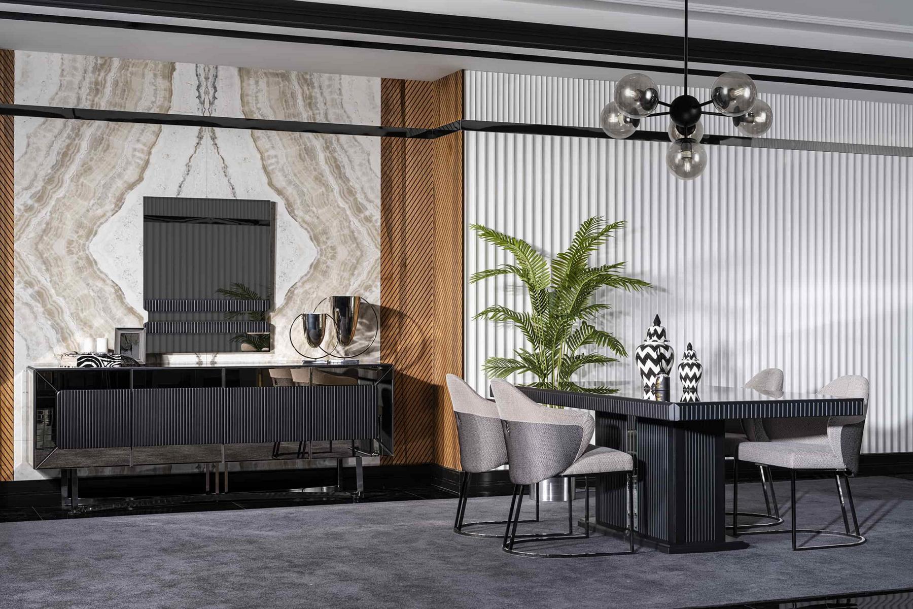 Elegant gray wood and glass furniture set for the dining room.