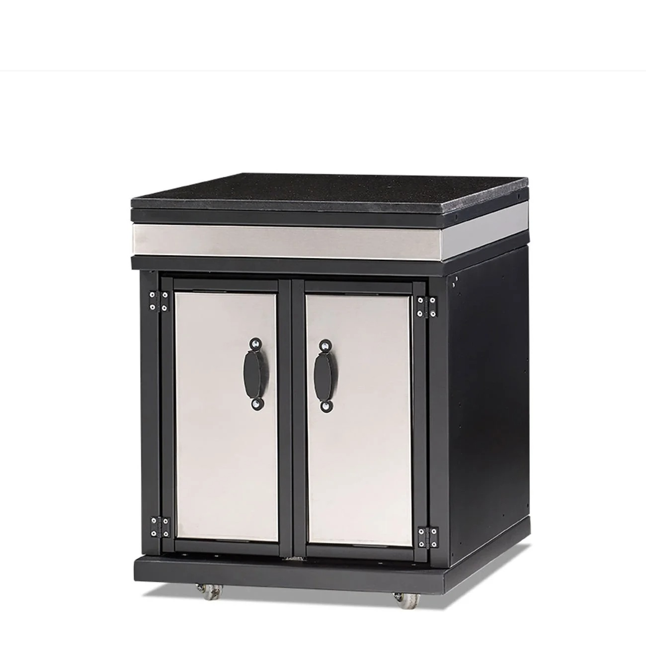 Elegant outdoor kitchen module made of stainless steel in silver.