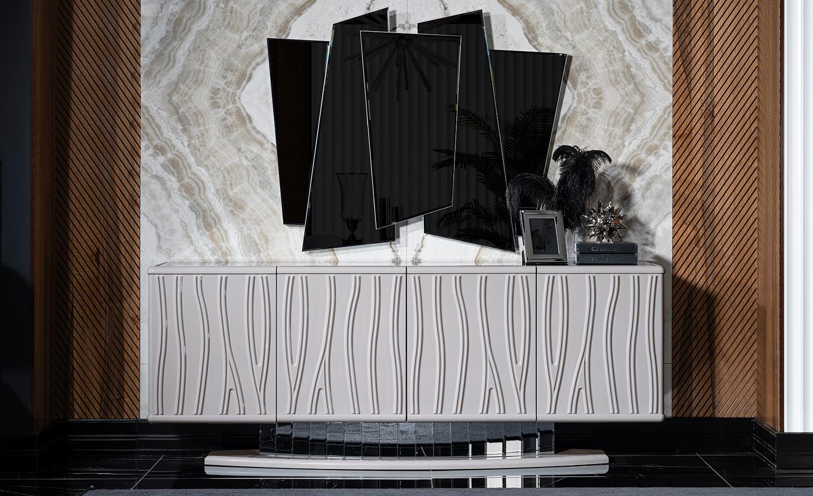 Elegant white wood and glass furniture set for the dining room with sideboard.