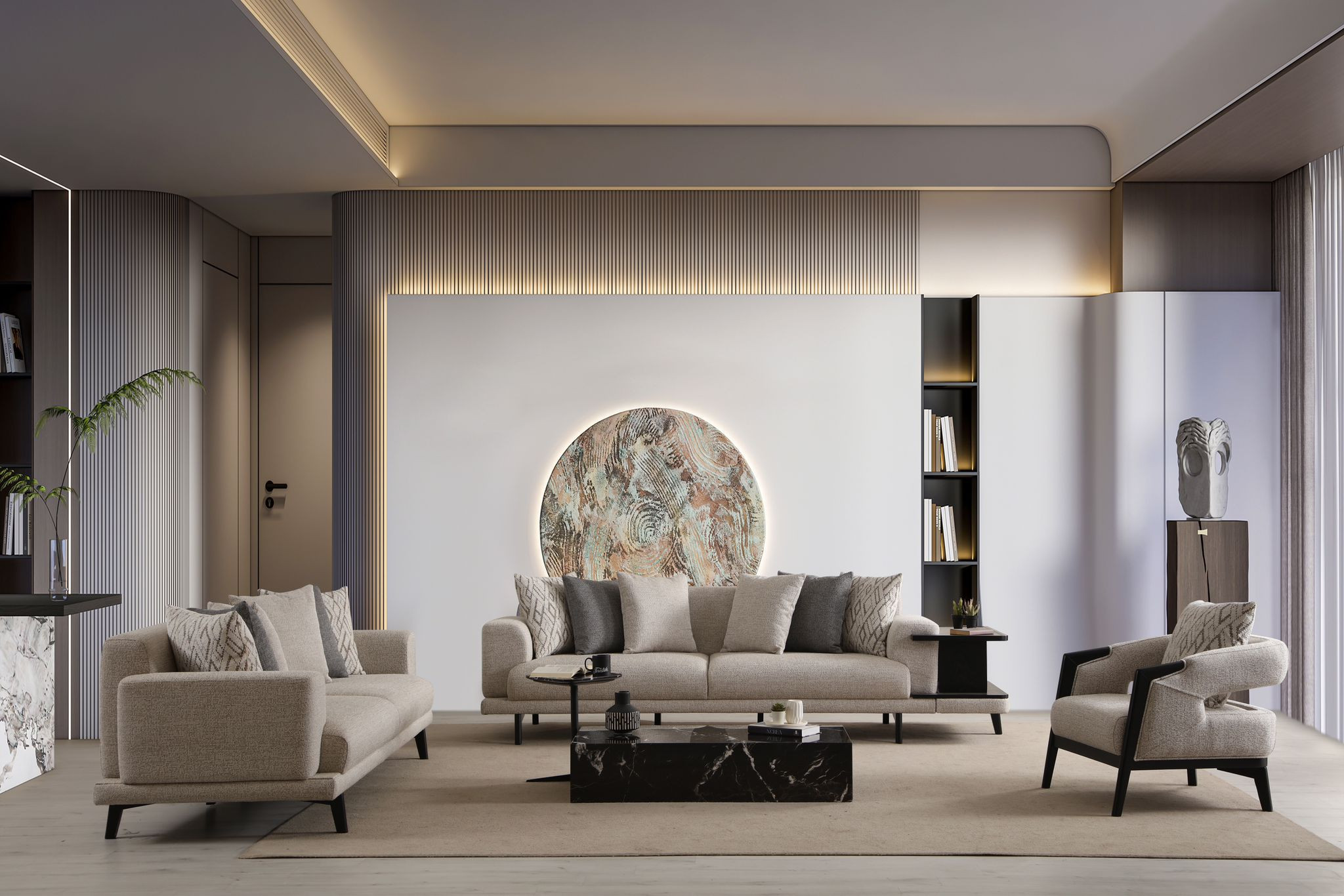 Elegant living room set made of wood and textile in beige.