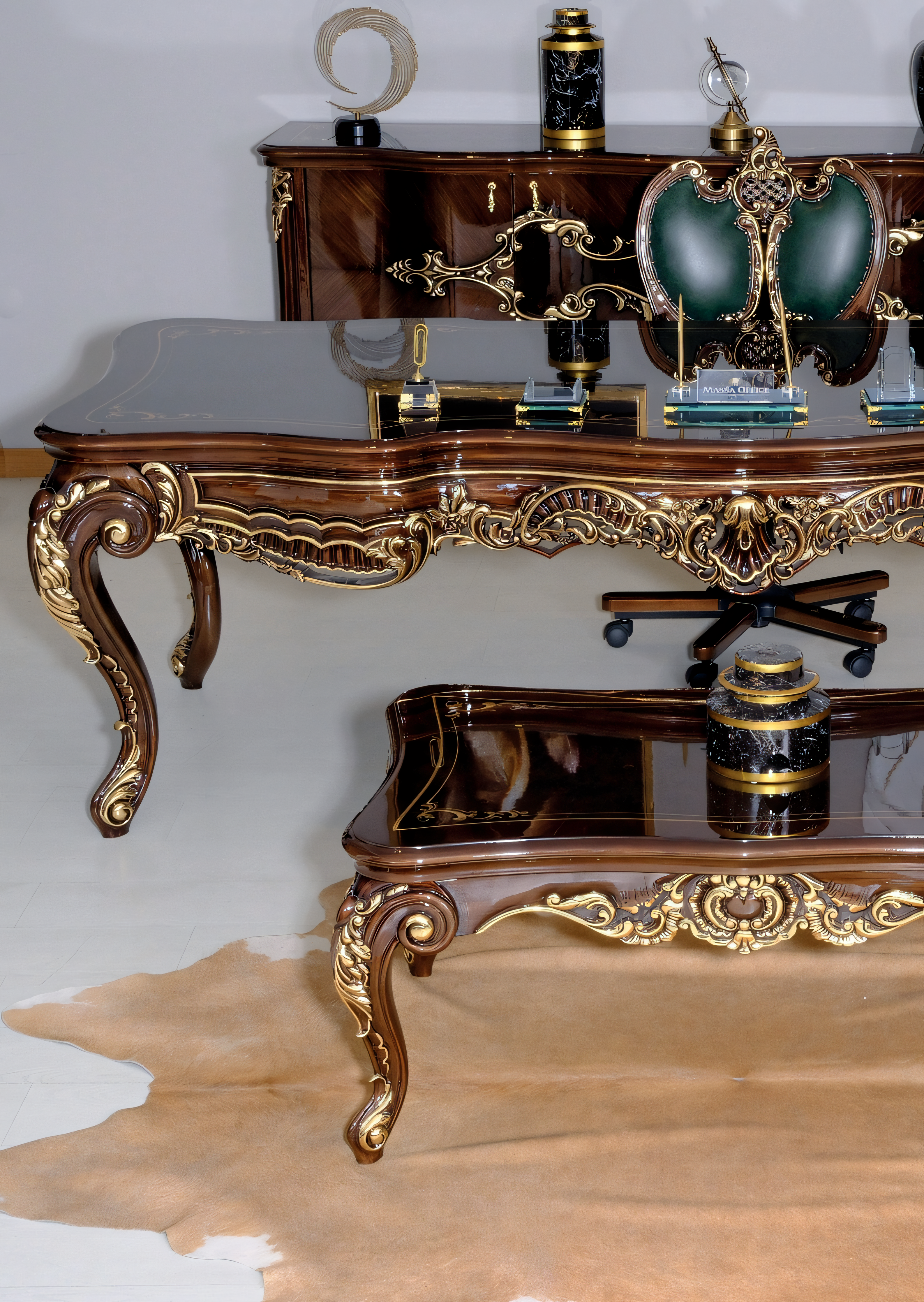 Office set brown desk sideboard coffee table and office chair made of wood