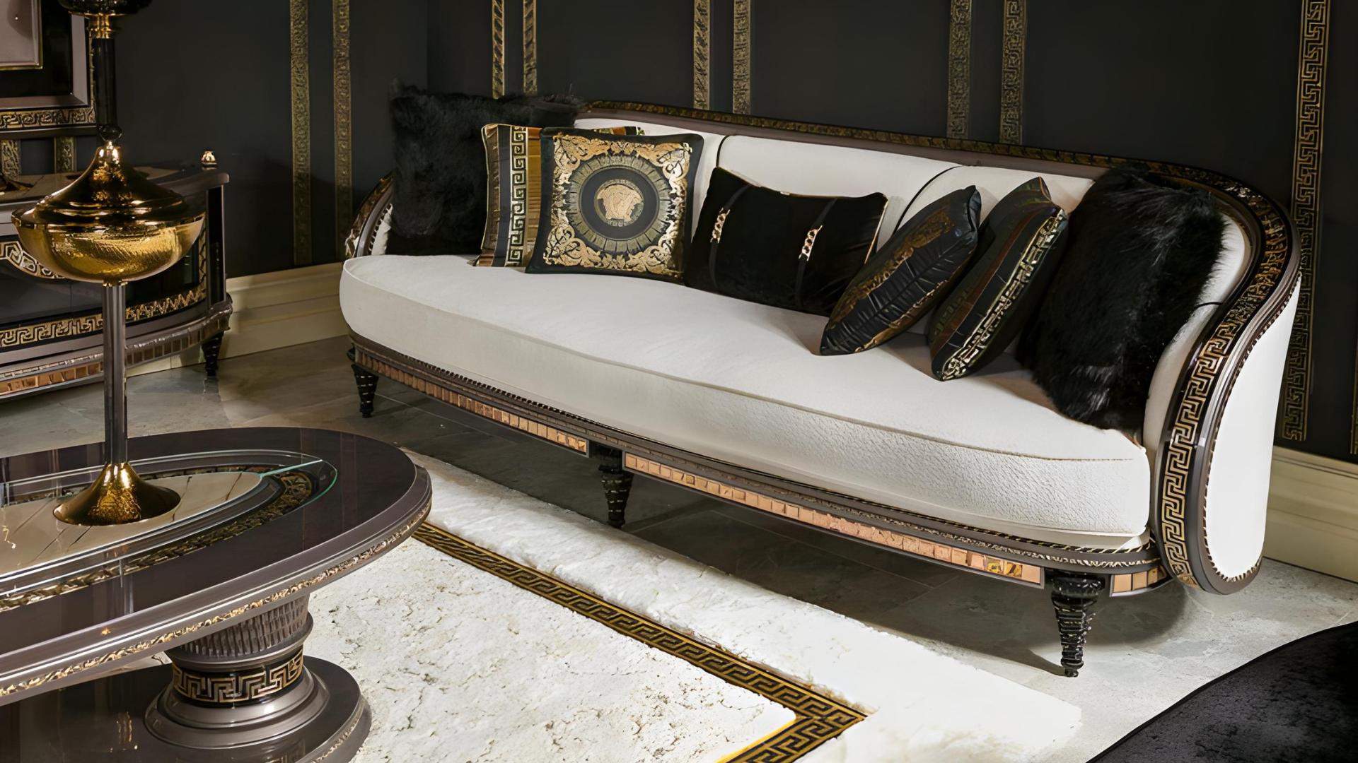 Modern white 3-seater sofa made of fabric with a wooden frame.