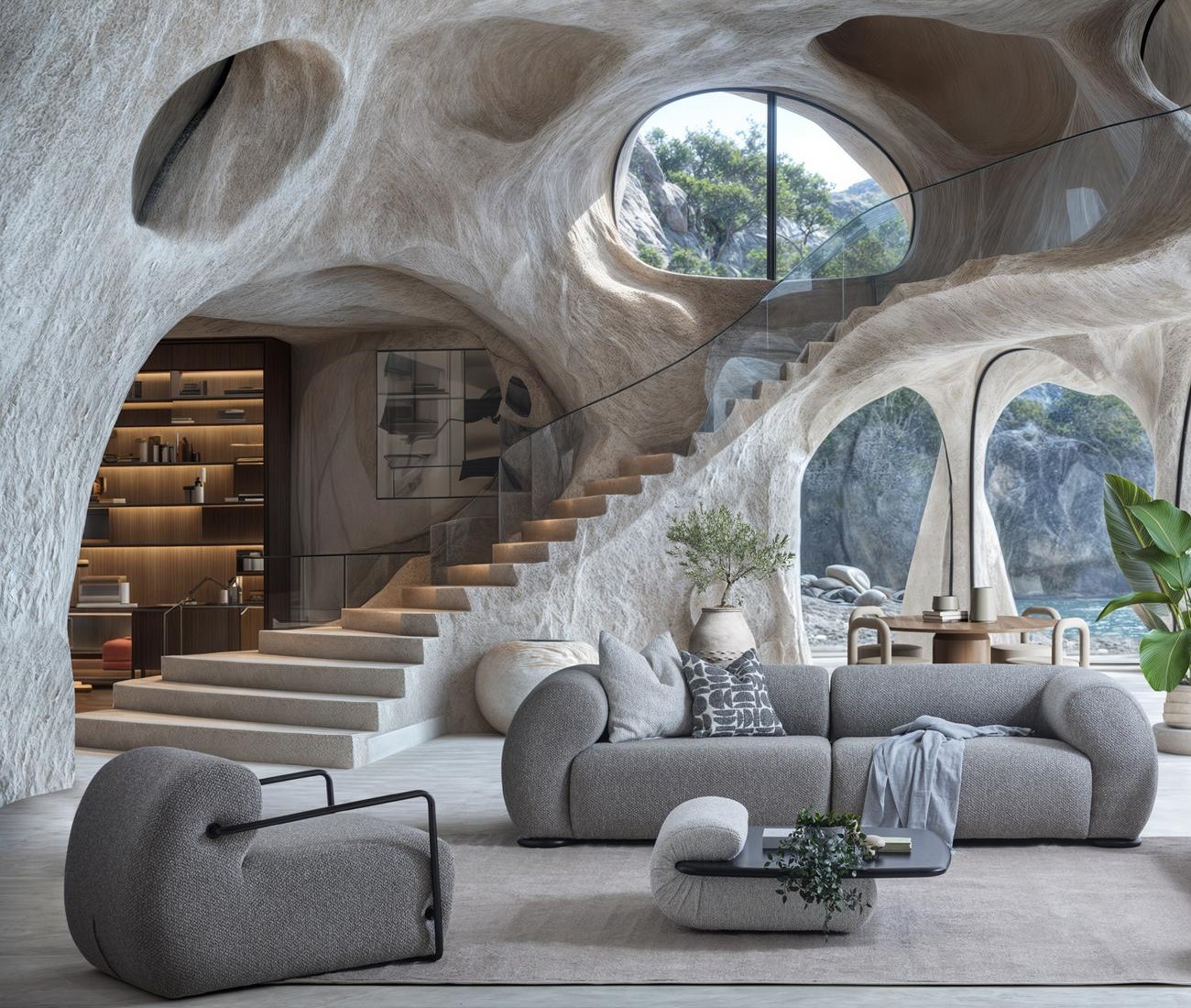 Elegant living room set made of wood and textile in gray.