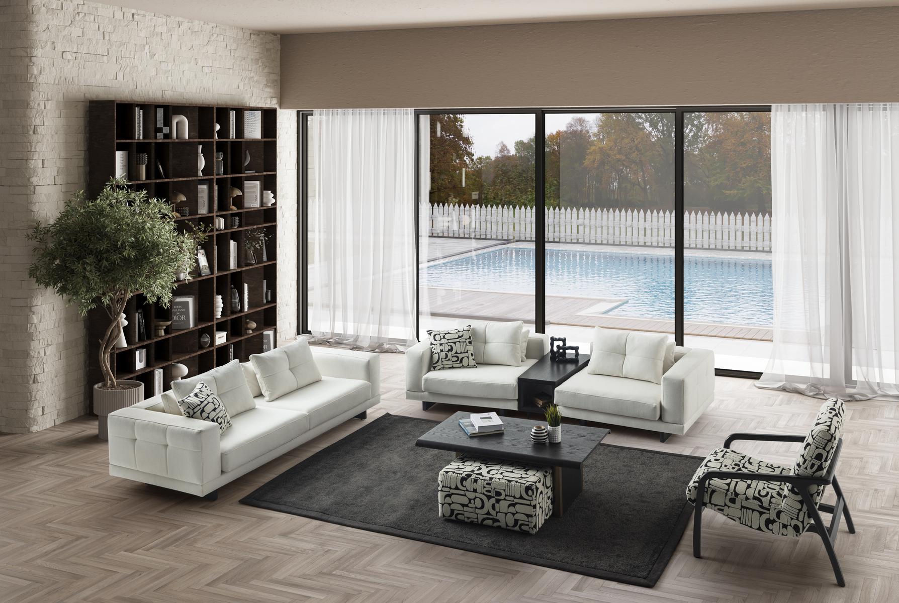 Elegant white living room set made of wood and textile.