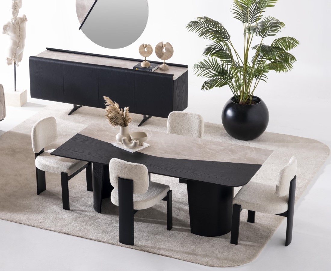 Multicolored wooden dining room set with modern dining table and chairs.