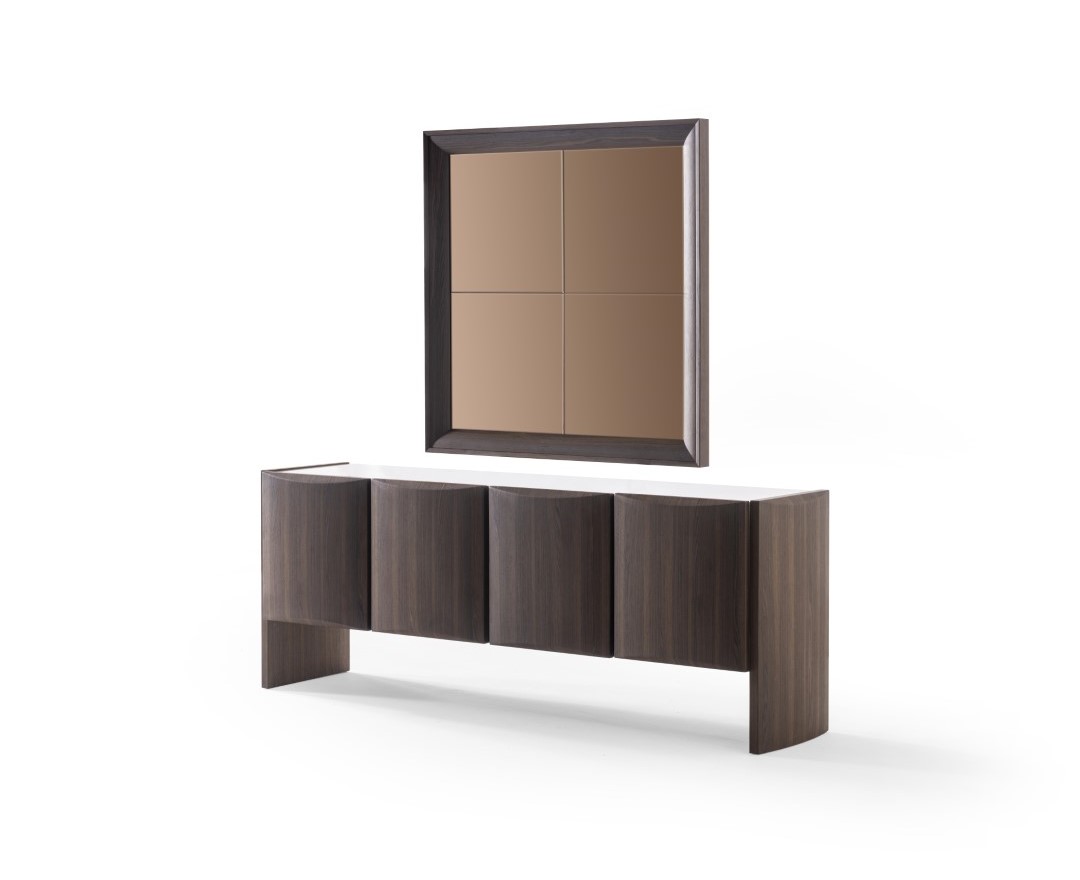 Elegant brown wooden sideboard with mirror in modern design.