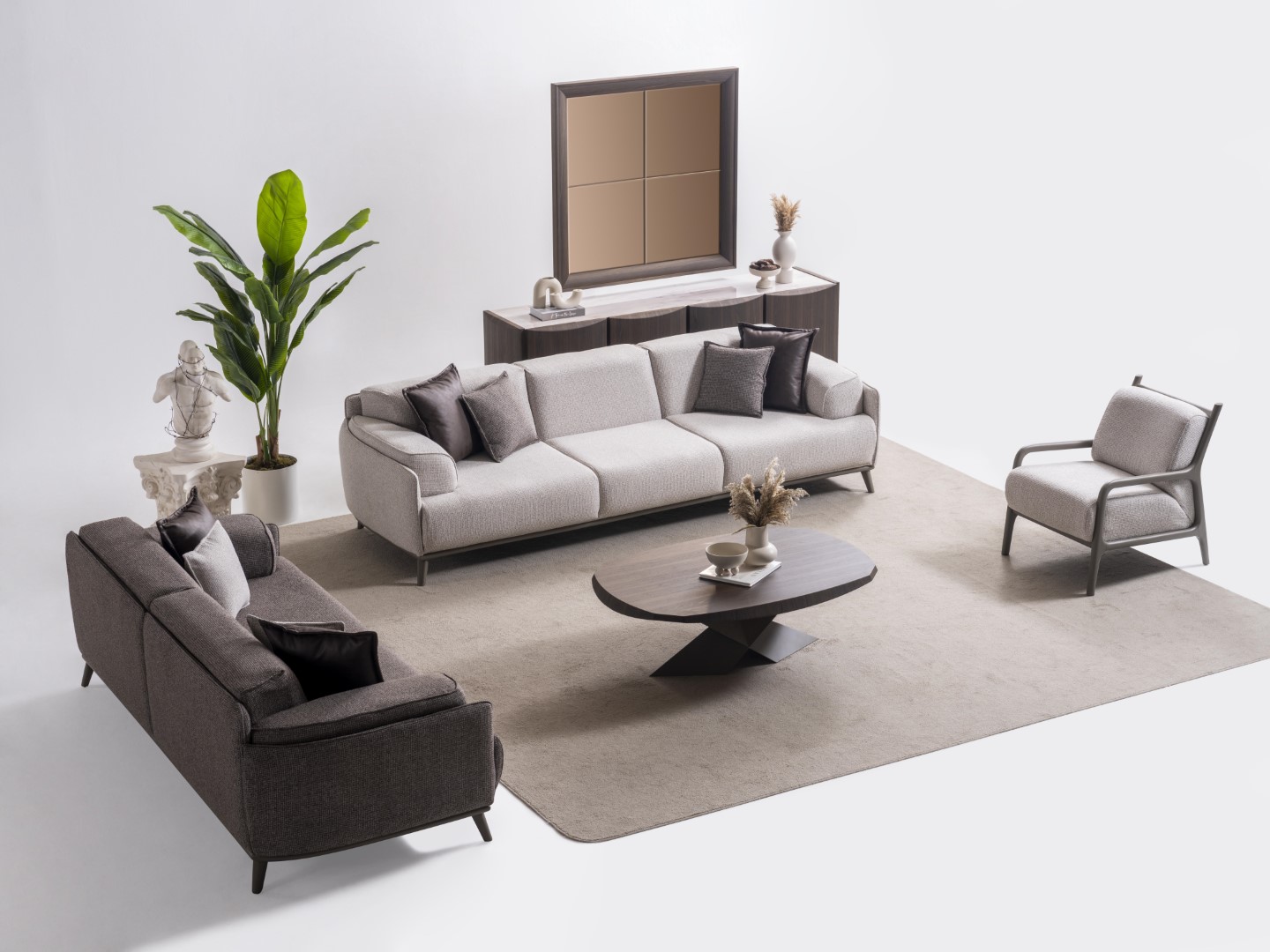 Modern brown wooden living room set, 6 pieces, including sofa and sideboard.