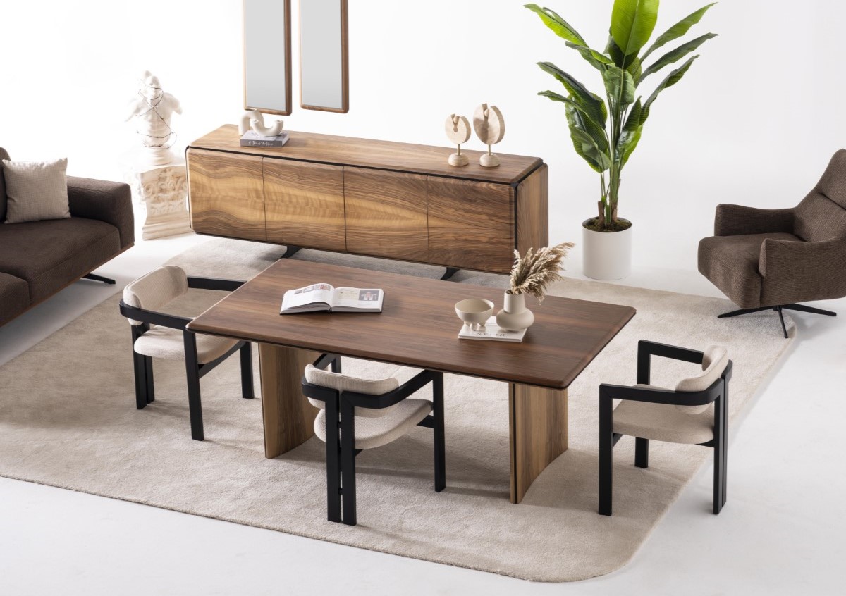 Elegant brown wooden dining table and chair set for modern interiors.
