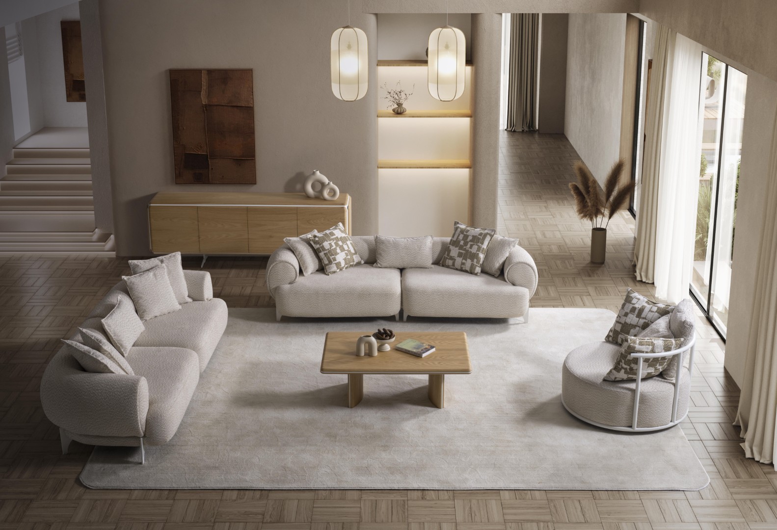 Modern living room set made of wood and fabric in beige.