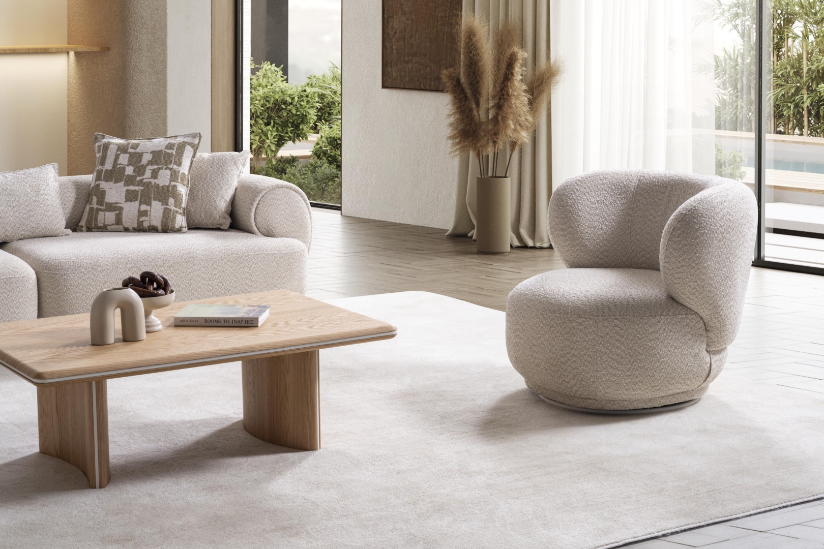 Modern living room set made of wood and textile in beige.