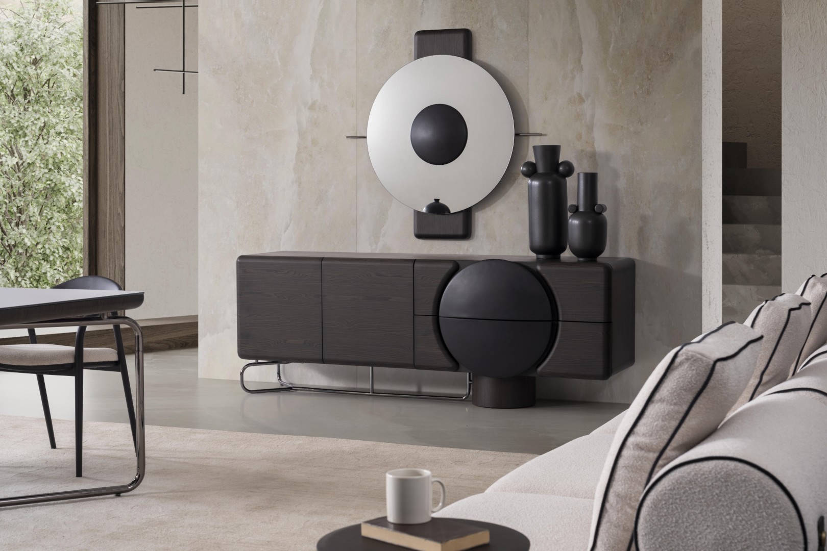 Elegant black wood and glass living room set with sideboard.
