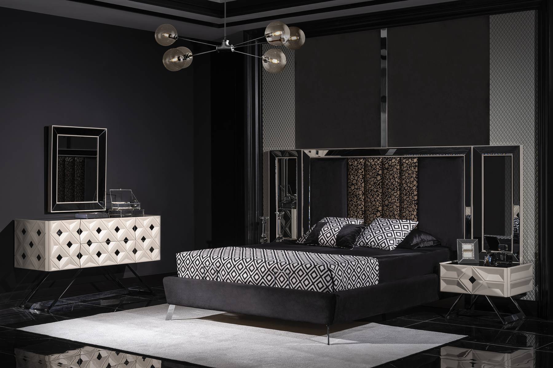 Complete Bedroom Set: Bed, 2 Nightstands, Dresser with Mirror, Black