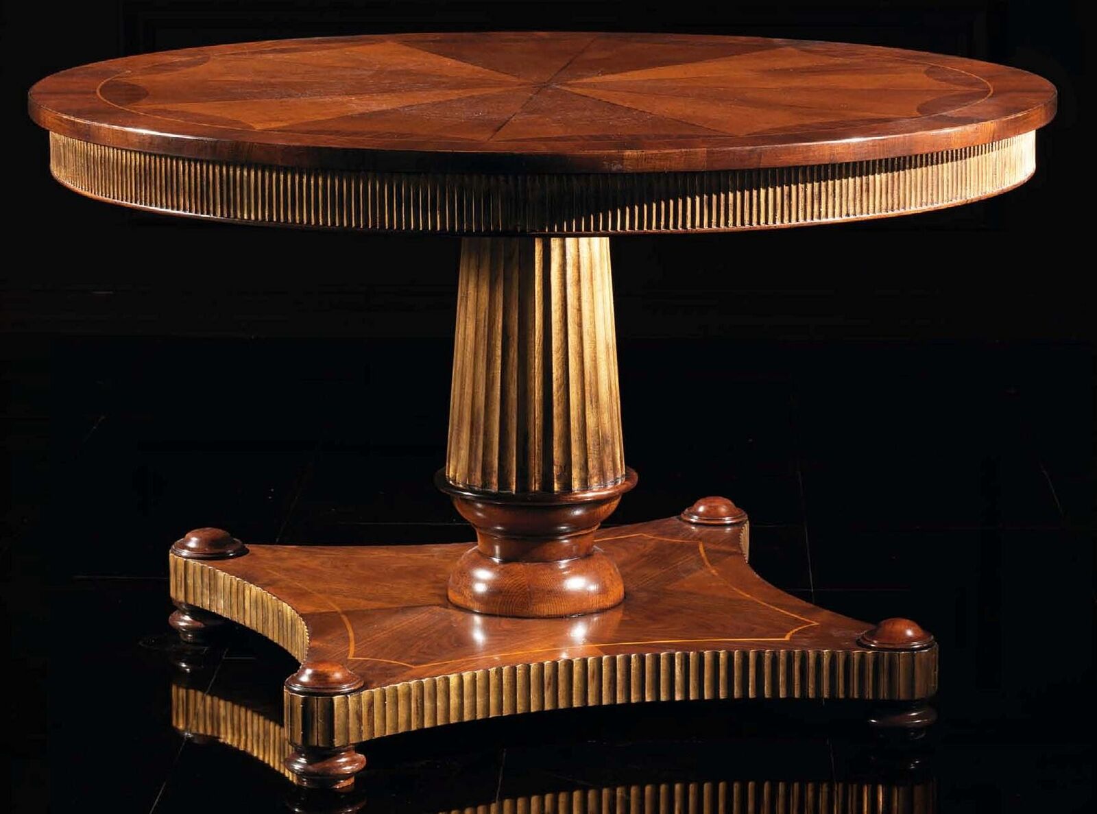 Round antique wood dining table with brown base, classic and elegant