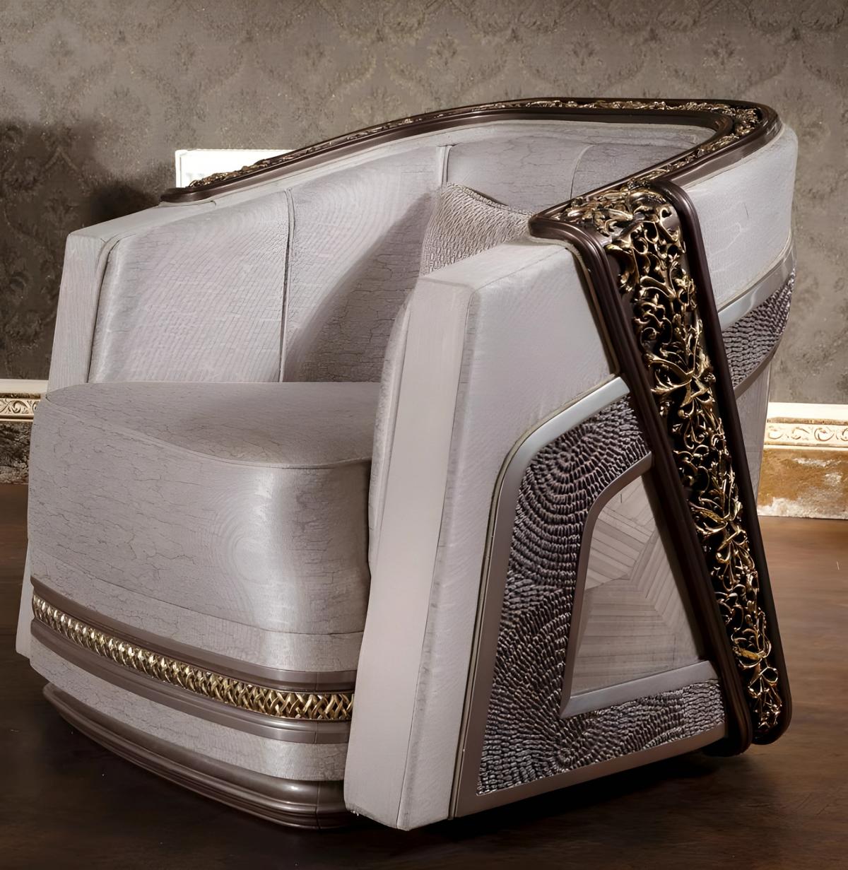 Elegant armchair with golden carvings and luxurious design