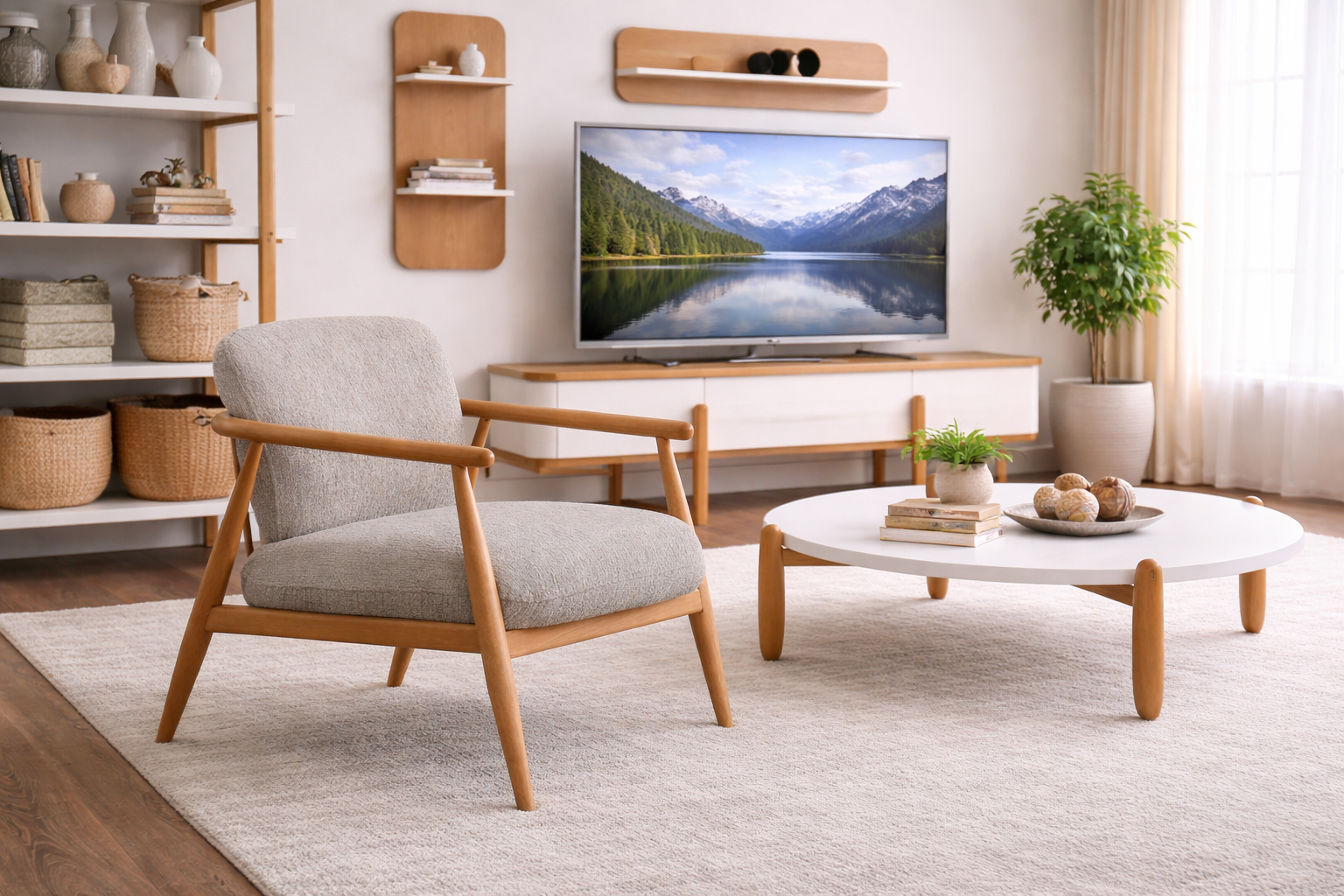 Gray-brown upholstered armchair. Robust wooden frame. Soft padding
