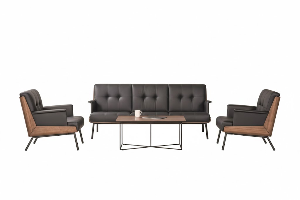 Designer leather set, elegant 3-seater, 2x armchairs, wooden coffee table