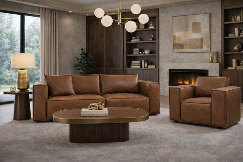 Brown living room leather suite Chic 3-seater sofa leather armchair