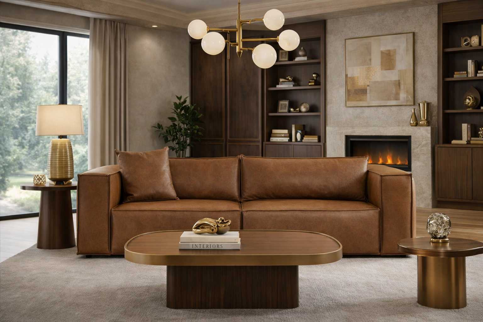 Designer brown leather sofa living room leather couch noble wooden frame