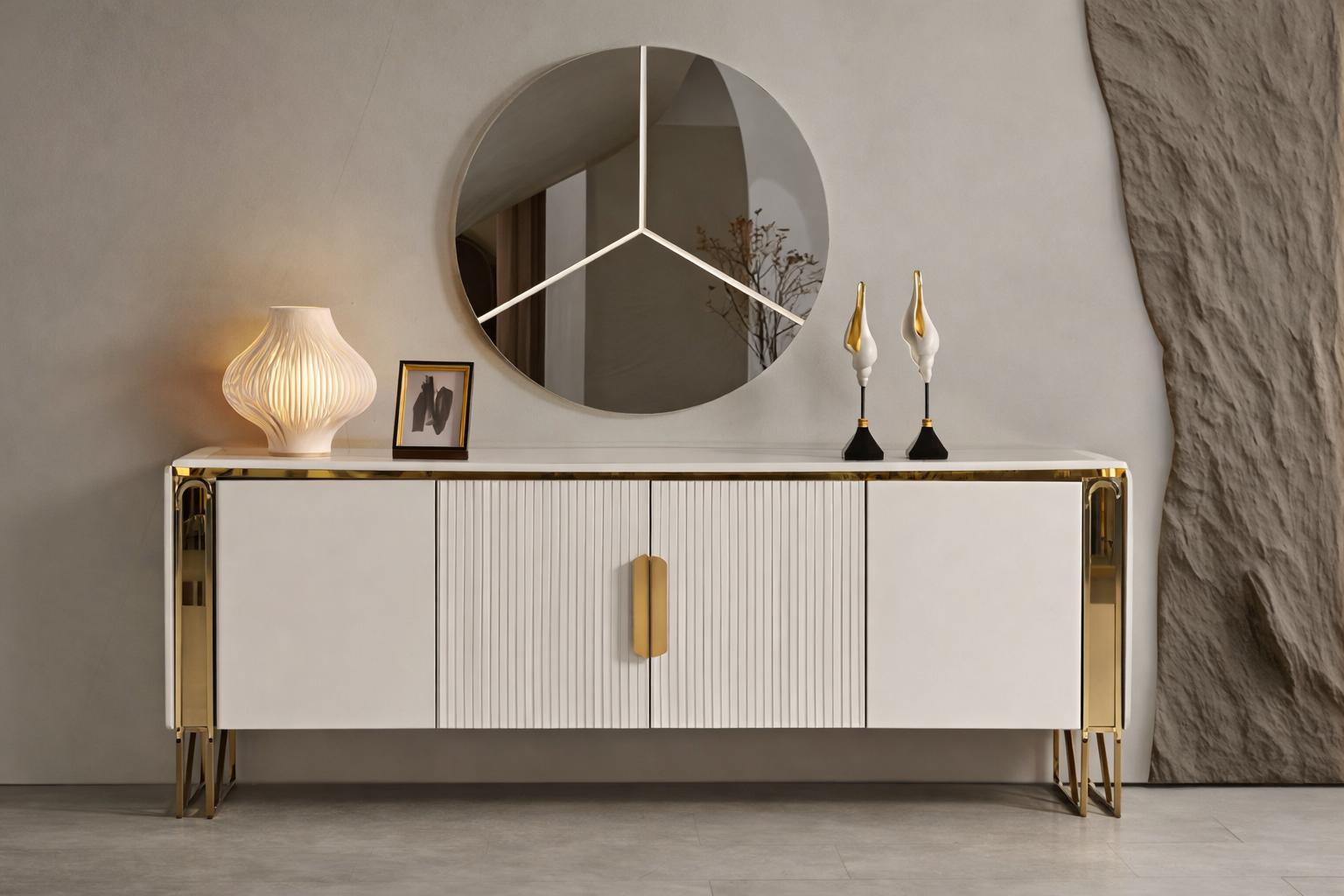 Elegant console with round mirror in white and gold look design