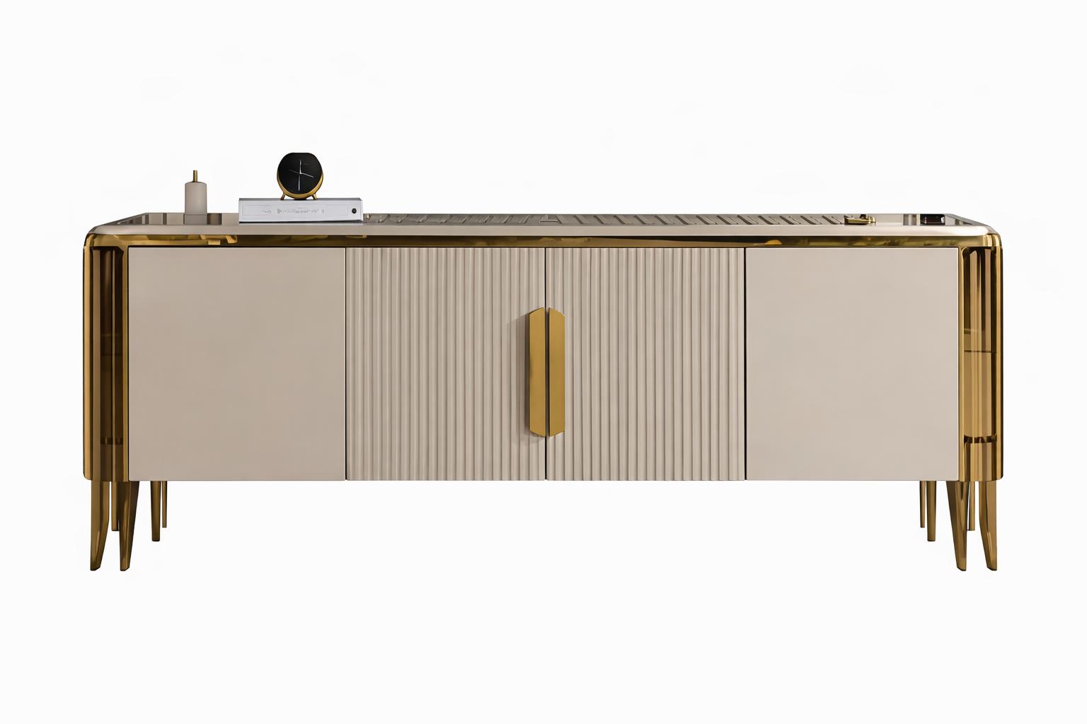 Luxurious console in white with gold accents and metal frame