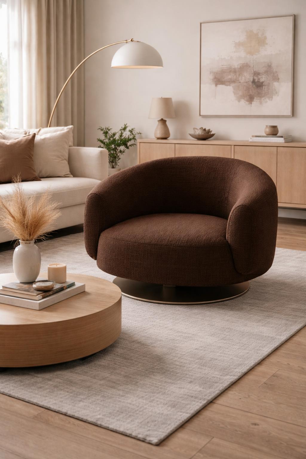 Brown living room armchair. Luxurious seating. Elegant lounge chair