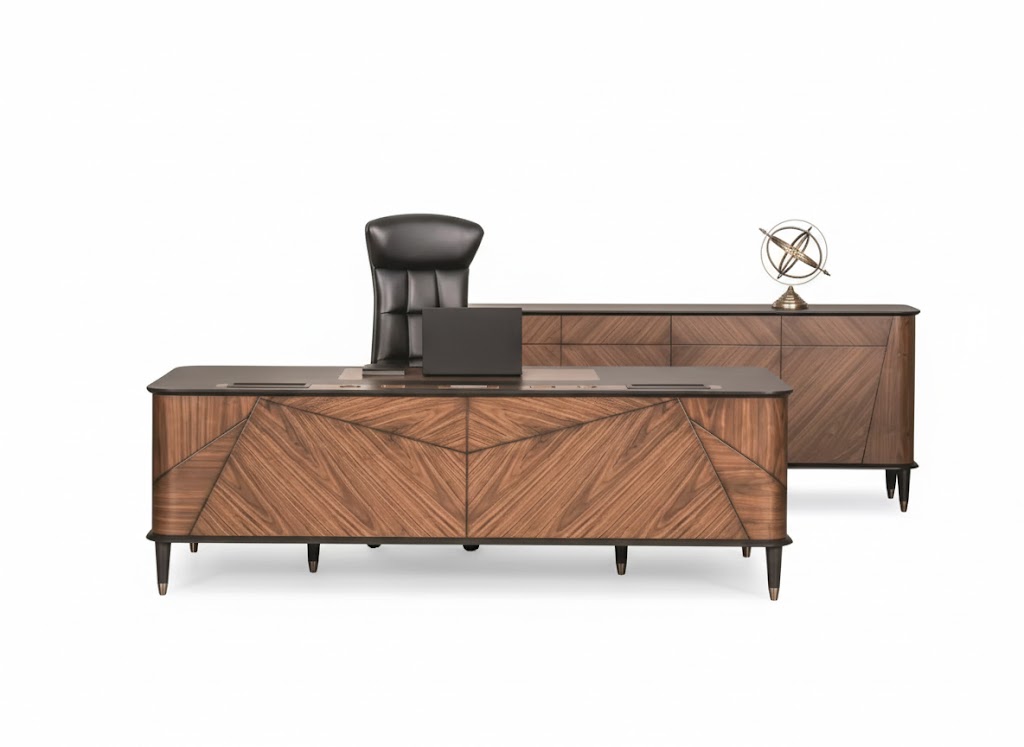Brown study set, elegant executive chair, luxury sideboard table