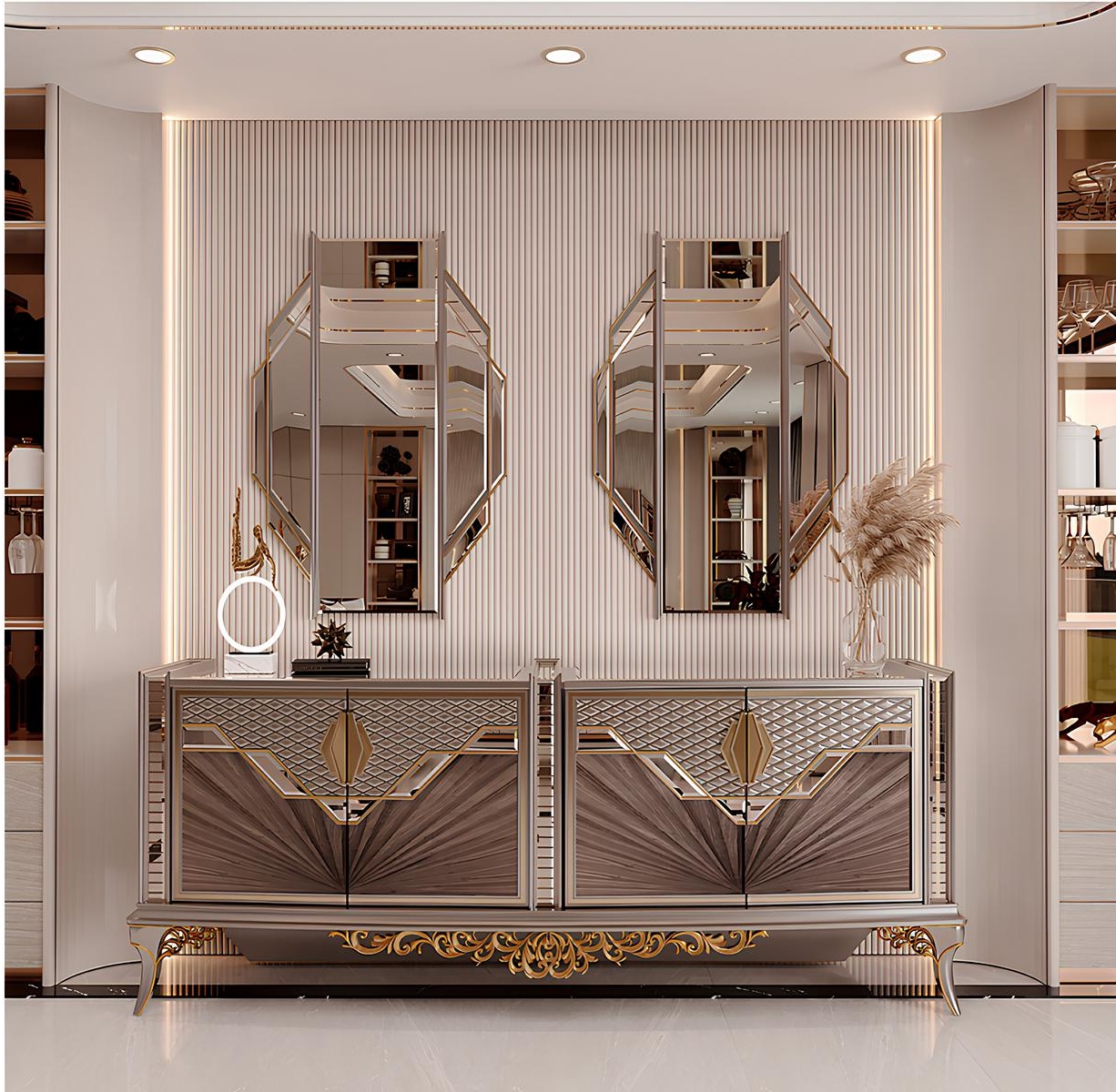 Console with modern style mirror and gold details