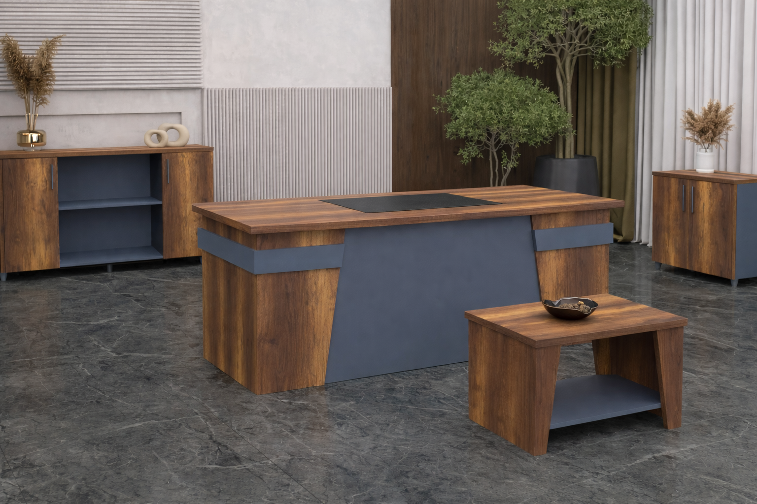 Elegant Study Set Modern Design Gray, Brown Wooden Frame