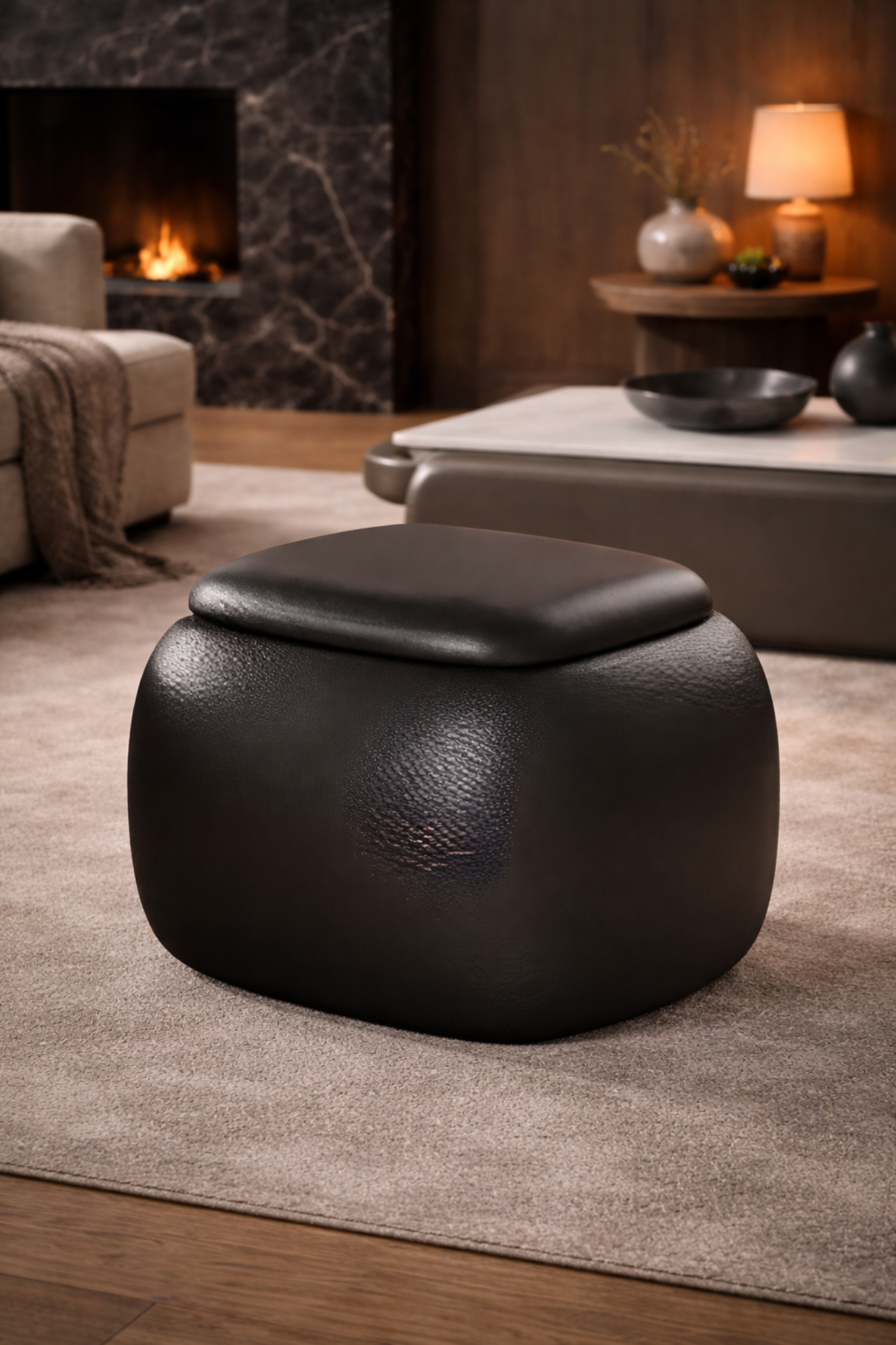 Black leather stool Exclusive storage stool Designer footstool