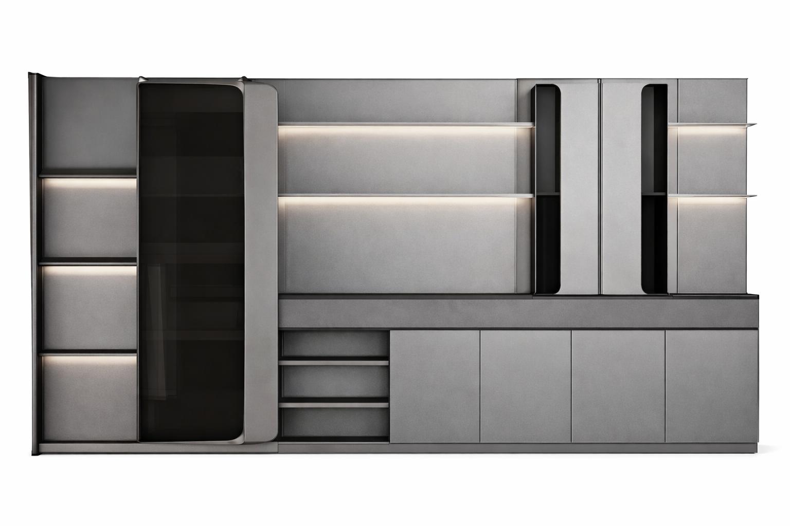 Modular office cabinet with LED lighting and elegant glass front